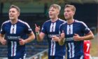 Luke Graham (centre) celebrates his first ever Dundee goal. Image: Ross MacDonald/SNS