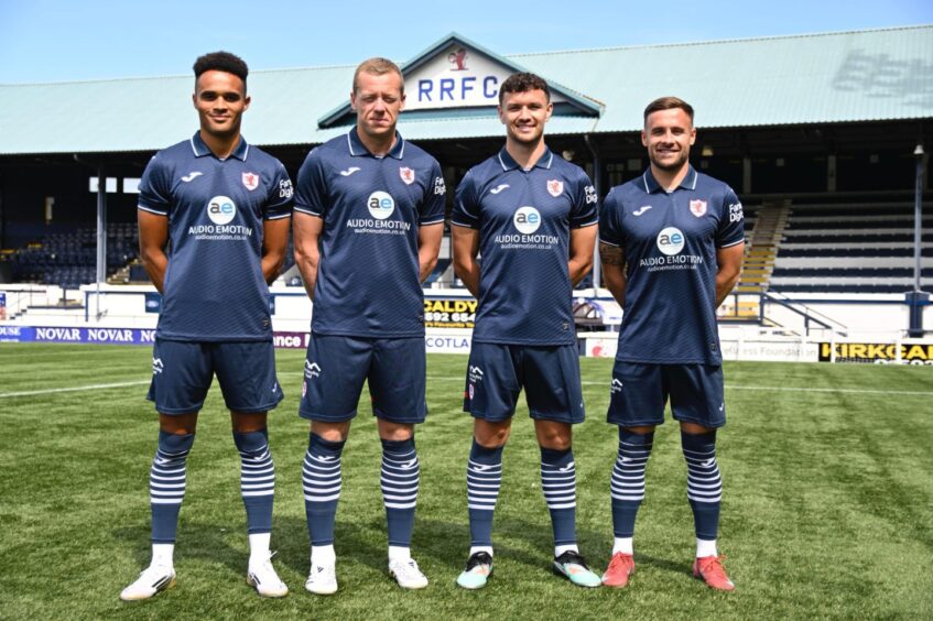Jai Rowe, Scott Brown, Ross Matthews and Lewis Vaughan sport Raith Rovers' new kit for 2025/26. 