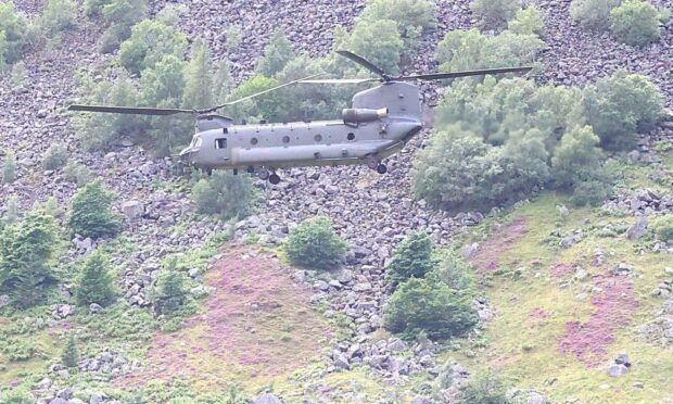RAF Chinook flying low in Glen Doll.