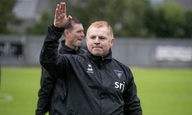Dunfermline Athletic manager Neil Lennon waves to the Pars support.