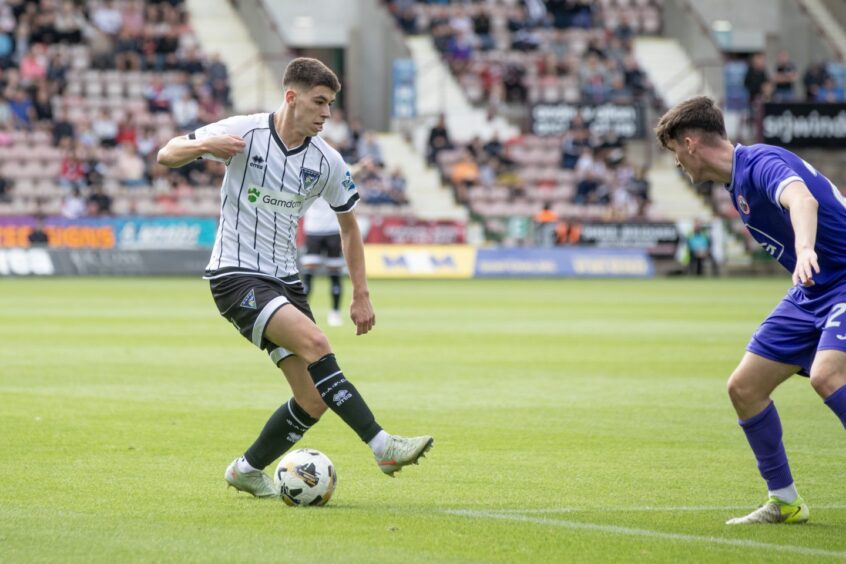 Shea Kearney has the ball at his feet in Dunfermline's win over Stirling Albion.