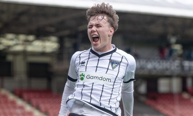 Rory MacLeod celebrates scoring for Dunfermline Athletic.