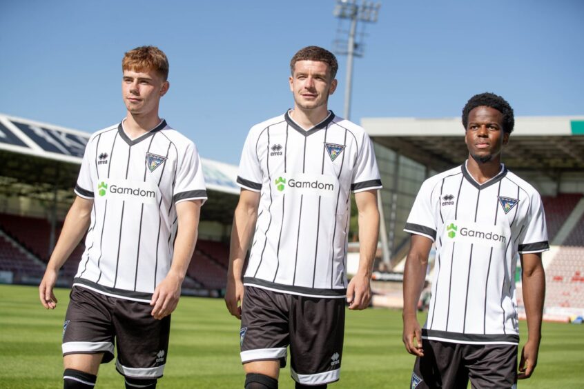 Dunfermline Athletic players Keith Bray, Charlie Gilmour and Alfons Amade.