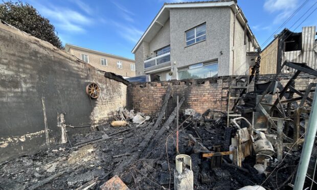The charred remains of the Cowdenbeath garage fire.
