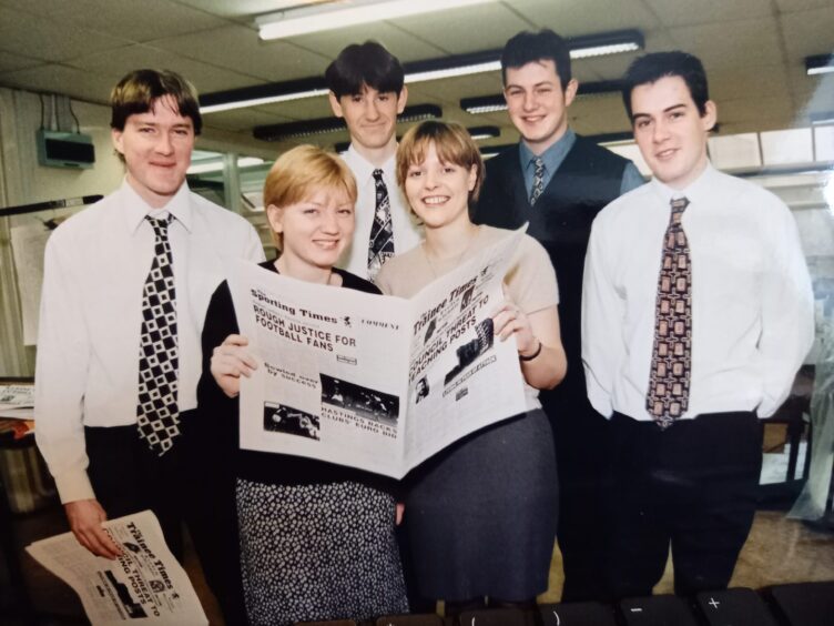 One of Ron's DC Thomson in-house newspaper journalism training course groups at Meadowside, Dundee, 1995/96. From left: Michael Alexander, Emma Diamond, Steven Bell, Eleanor Houghton, Struan Nimmo and Ramsay Laing. 