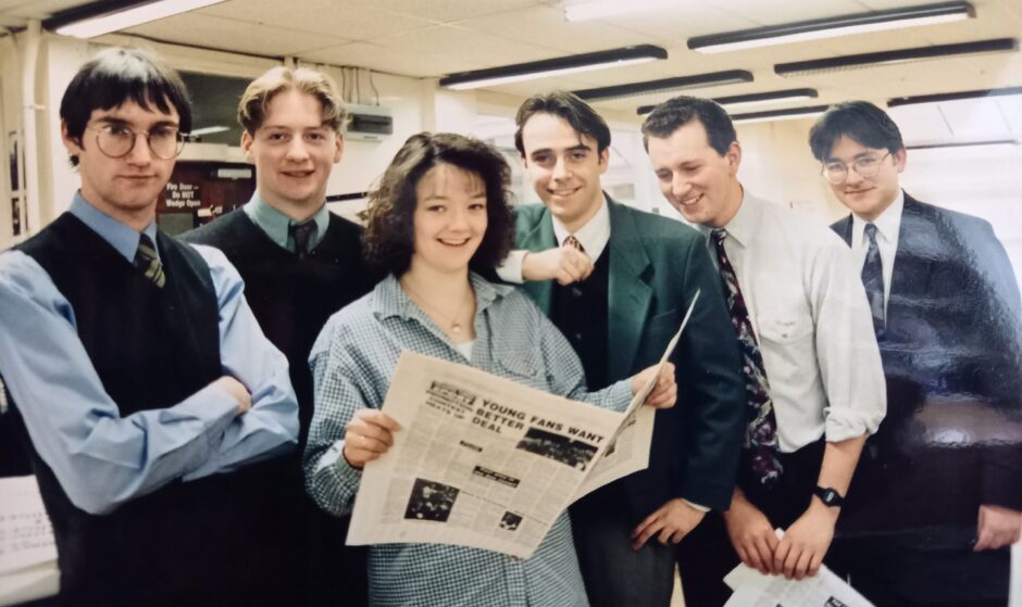 One of Ron's DC Thomson in-house newspaper journalism training course groups at Meadowside, Dundee, 1995/96. From left: Hamish Burns, Paul Spalding, Coleen Paterson, Eric Nicolson, Ryan Taylor and Mike Donachie. 