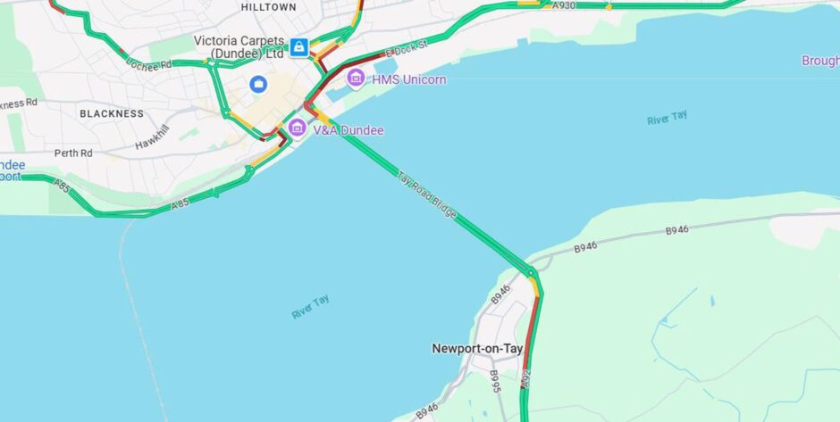 Traffic building at either end of the Tay Road Bridge on Friday. 
