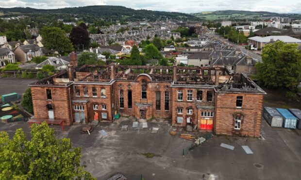 Drone image of badly fire-damaged former Balhousie Primary School in Perth.