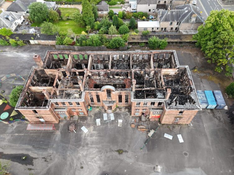 Drone shots of the former Balhousie Primary School in Perth which has been destroyed by fire. 