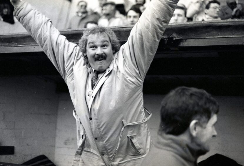 Jim Leishman celebrates in the Pars dugout as Dunfermline beat Rangers 2-0 in 1988