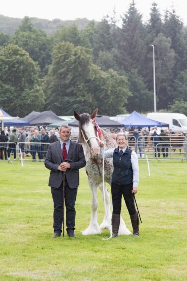 Woman stands beside prize-winning Clydesdale horse with red rosette, joined by a man in tweed jacket at Doune and Dunblane Show 2025.