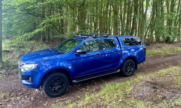 The Isuzu D-Max on a forestry track in Perthshire. Image: Jack McKeown.