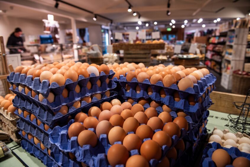 Stack of eggs with large Gloagburn deli behind