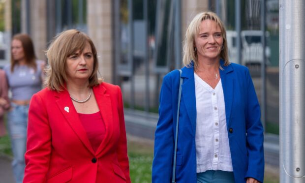 Sandie Peggie (right) arrives at the tribunal building in Dundee where her case against NHS Fife will resume. Image: Kim Cessford/DC Thomson.