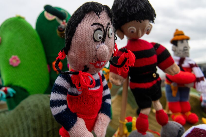 Knitted Minnie the Minx in Arbroath Woolly Workers display.