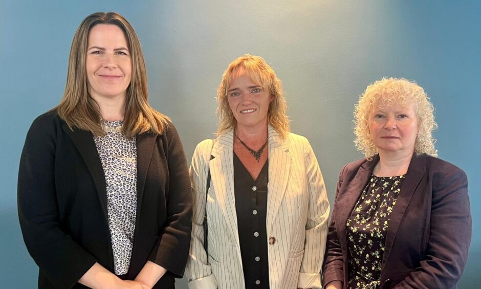 Labour politicians Melanie Ward and Claire Baker with Sandie Peggie as her tribunal against NHS Fife resumed