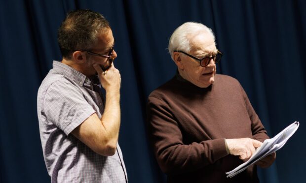 To go with story by Rebecca Baird. Make It Happen preview interview Picture shows; Brian Cox with Sandy Grierson and Andrew Panton in Make It Happen rehearsals. Dundee Rep. Supplied by Image: Alastair More Date; 12/06/2025