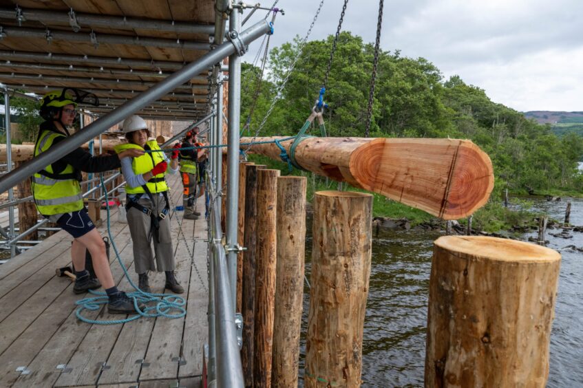 People using chains to lift horizontal piece of wood into place