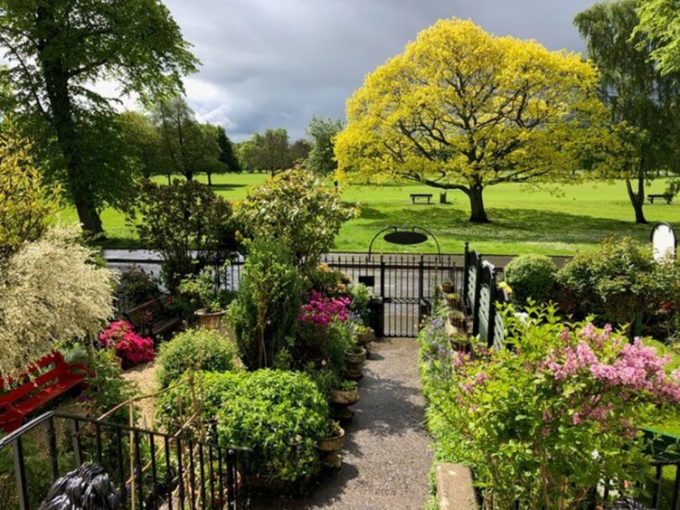 Townhouse exterior with beautiful gardens and South Inch park and trees beyond