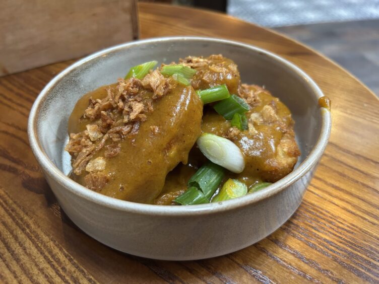 A bowl filled with hashbrowns covered in katsu sauce.