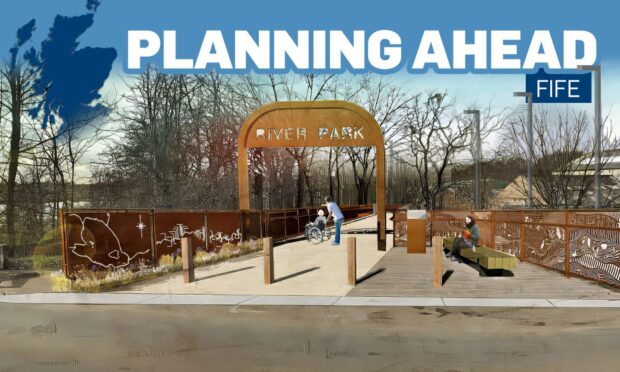 The entrance to Leven River Park with the Fife Planning Ahead logo attached