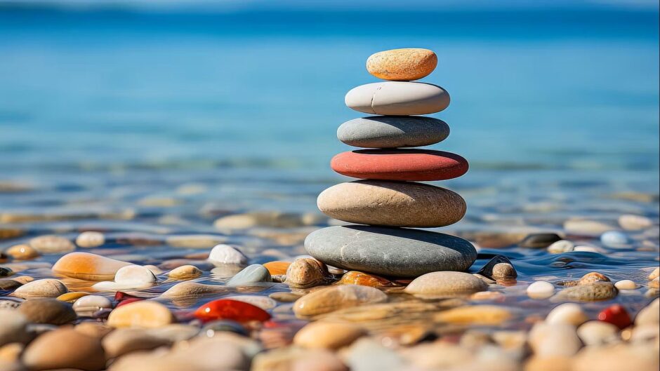 A stack of pebbles at the water's edge at the seaside.