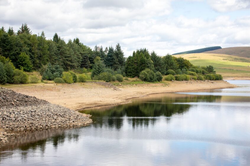 Backwater reservoir near Kirriemuir after months of dry weather.