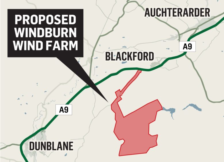 Map showing location of proposed wind farm in hills behind Blackford between Auchterarder and Dunblane.