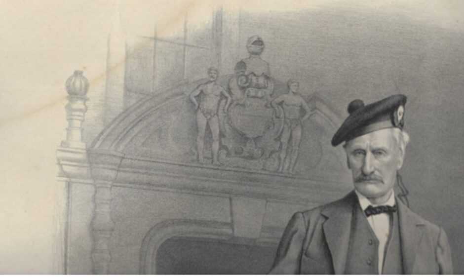 Black and white drawing showing Sir Robert Menzies in front of stone carving with two figures and clan crest above doorway