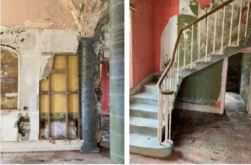 Interior images of the Dairy, showing exposed walls and crumbling stonework