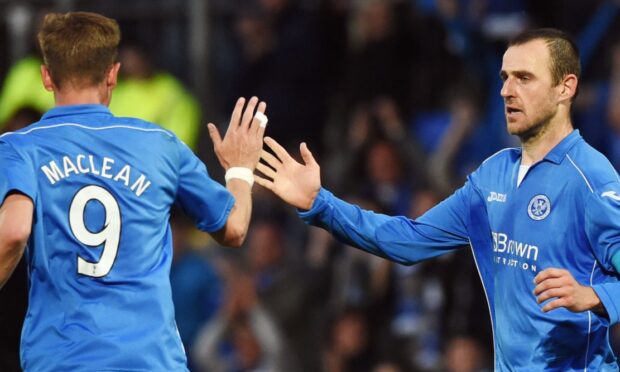 Steven MacLean and Dave Mackay celebrate a St Johnstone goal.
