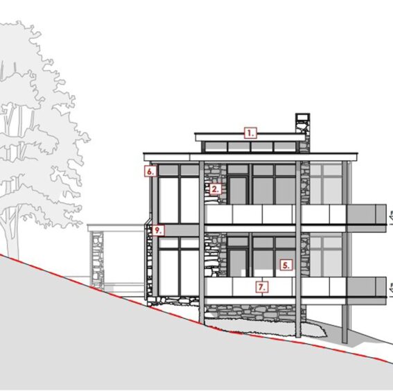architect drawing showing two story stone and timber house built into sloping ground