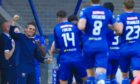 The St Johnstone team celebrate in front of Simo Valakari after Stevie Mallan scores to make it 5-1.
