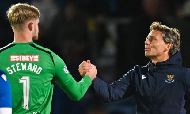 Simo Valakari congratulates Toby Steward after St Johnstone's win against Ross County.