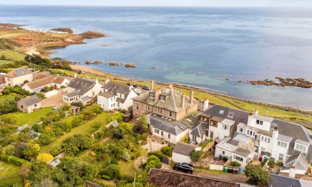 Bird's eye view of Roome Bay Crescent in Crail, Fife.