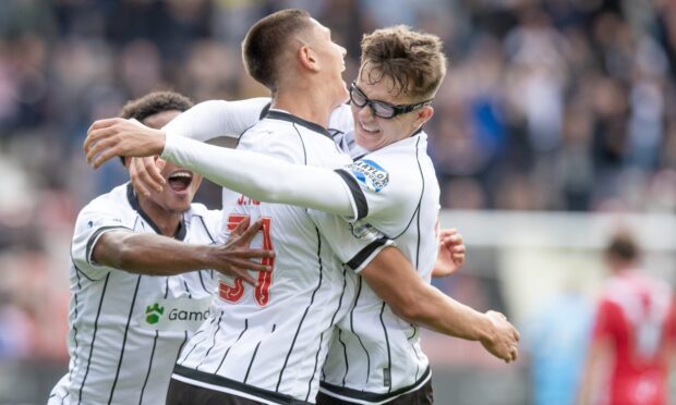 Andrew Tod celebrates with brother John after the latter's goal for Dunfermline against Airdrie.