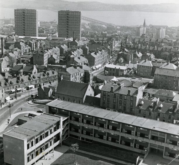 an aerial view of the Derby Street multis and the Dundee cityscape