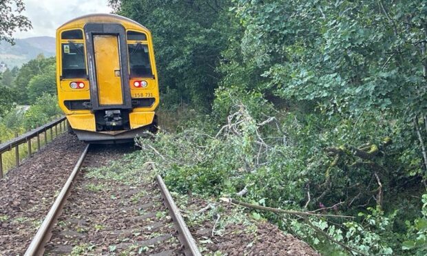 Debris on the tracks near Pitlochry as train disruption from Storm Floris continues into Tuesday. Image: Network Rail Scotland
