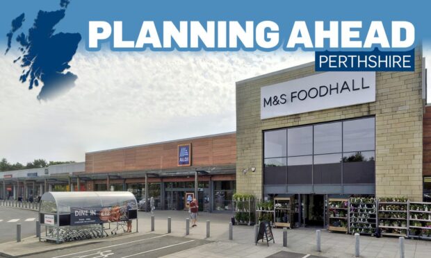 Aldi storre exterior with M&S Foodhall next door at Inveralmond retail park, Perth