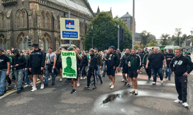 Rapid Vienna fans in Dundee city centre.