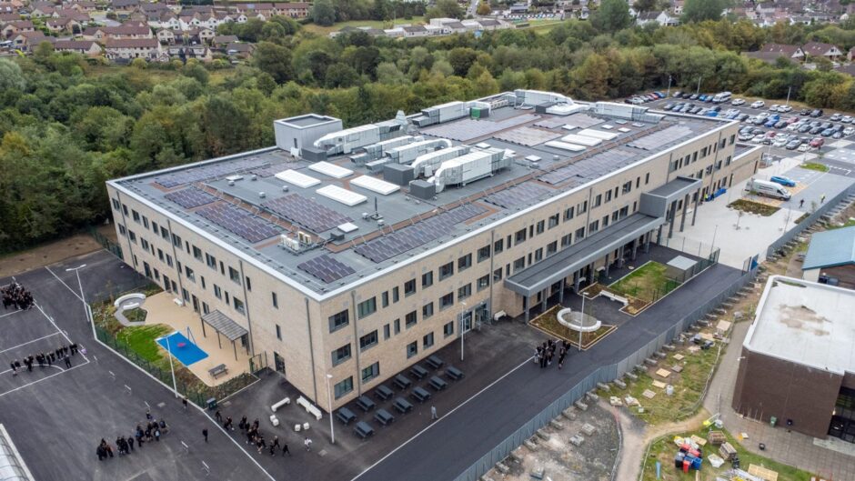 An aerial shot of the new Monifieth learning campus building.