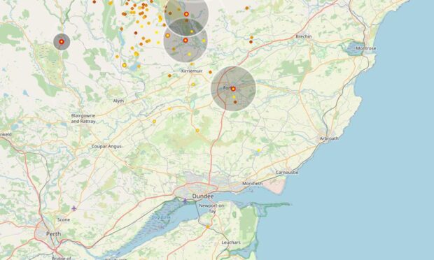 A map shows recent lightning strikes in Angus at 2pm on Thursday. Image: LightningMaps.org