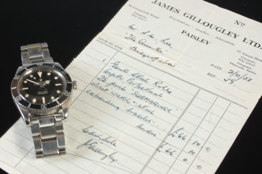 Rolex watch beside receipt from James Gillougley, Paisley, dated November 3 1958