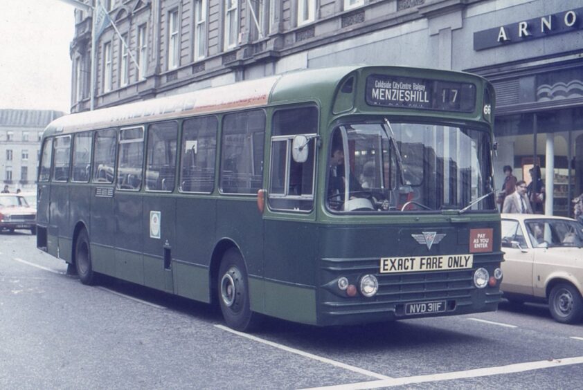 Number 66 heads up towards the bus stop at the Howff in 1975.