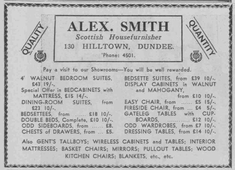 A newspaper advert from 1949 for Alex Smith.