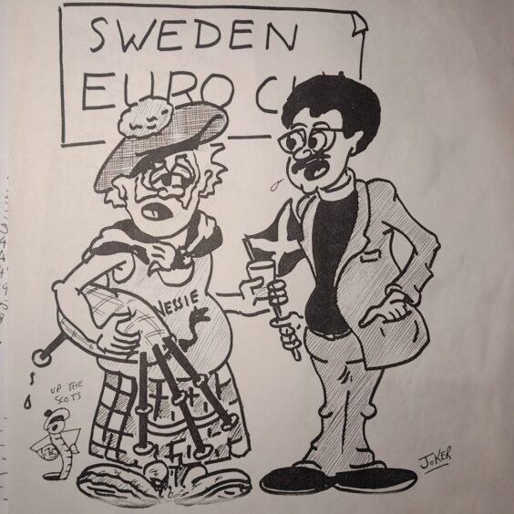 A cartoon drawing of Erik Cramb wearing a dog collar talking to a worse-for-wear Tartan Army fan wearing a kilt, Nessie T-shirt and carrying bagpipes.