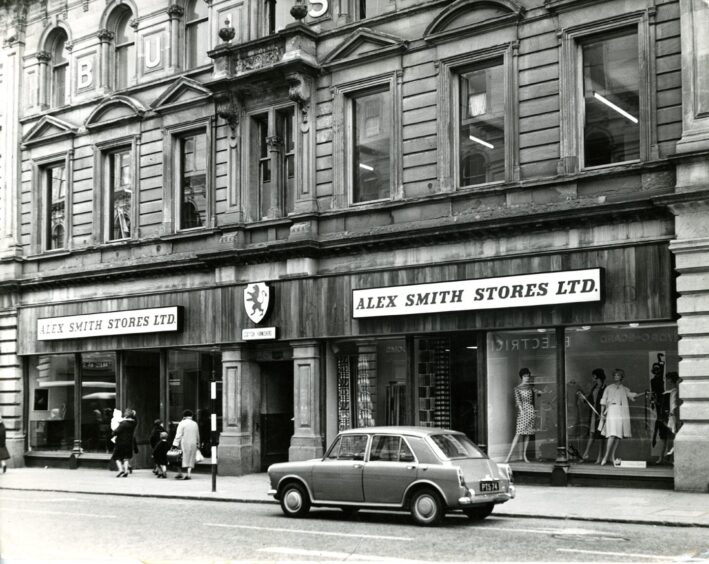 The outside of Alex Smith Stores shopfront in Commercial Street, Dundee, in April 1964.