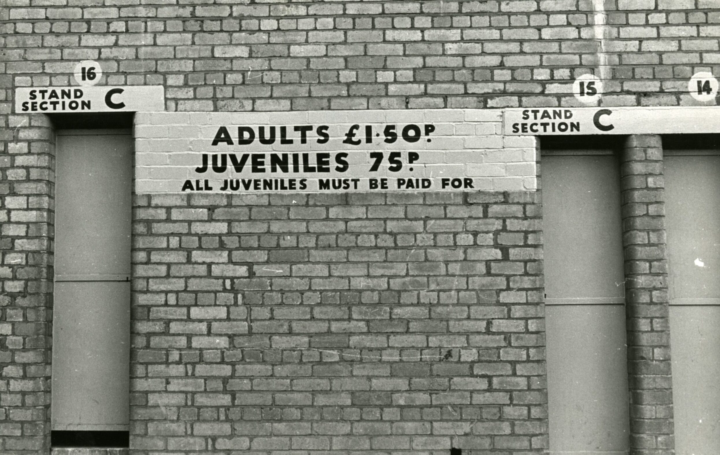Tannadice prices in 1979 painted directly on to the outside of the stadium wall beside the turnstiles.