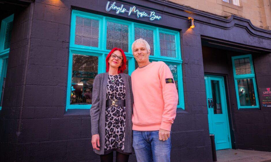 Suzanne and Philip Kirk outside Vinyls Music Bar in Hawkhill, Dundee