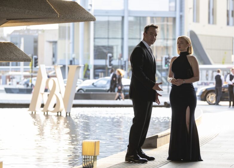 Filming an episode of Succession in Dundee outside the V&A.